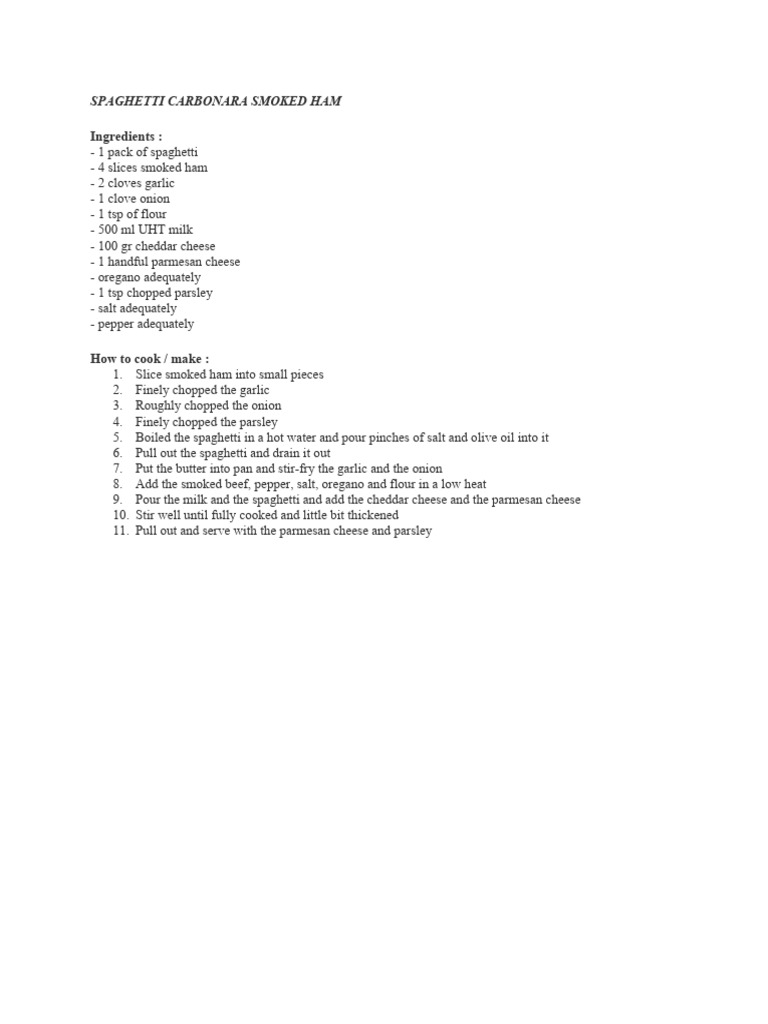 Ingredients Spaghetti Carbonara Smoked Ham PDF