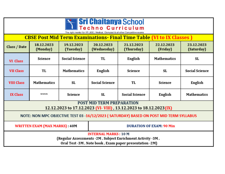 Class 9 Post Mid Term Exam Schedule | PDF