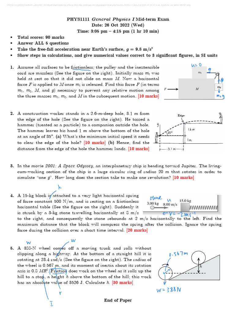 PHYS1111 Mid-term Exam Overview 2022 | PDF | Force | Mass