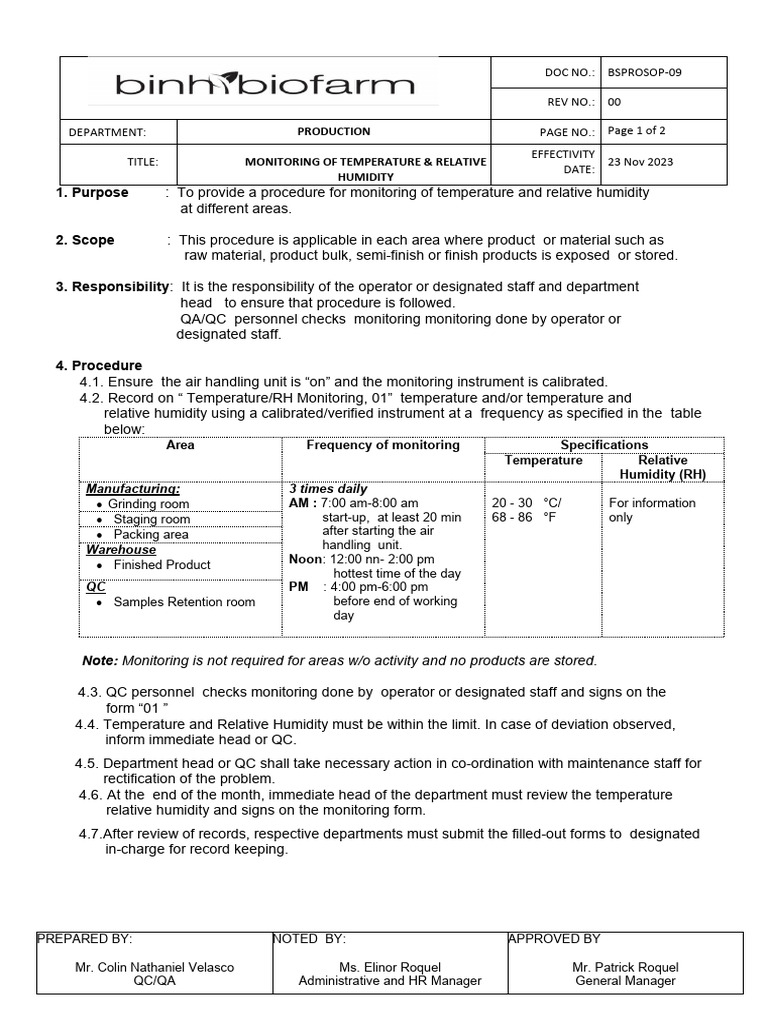 SOP for Temperature & Humidity Monitoring | PDF | Physical Sciences ...