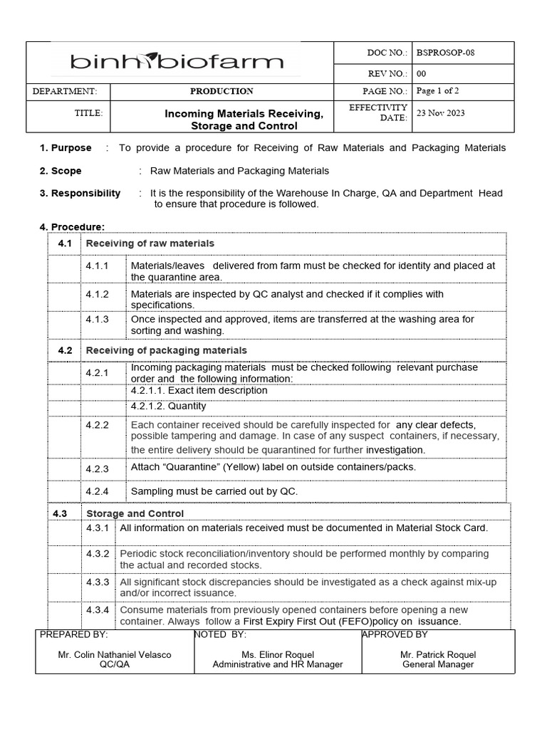 SOP for Receiving Raw Materials | PDF | Business | Business Process
