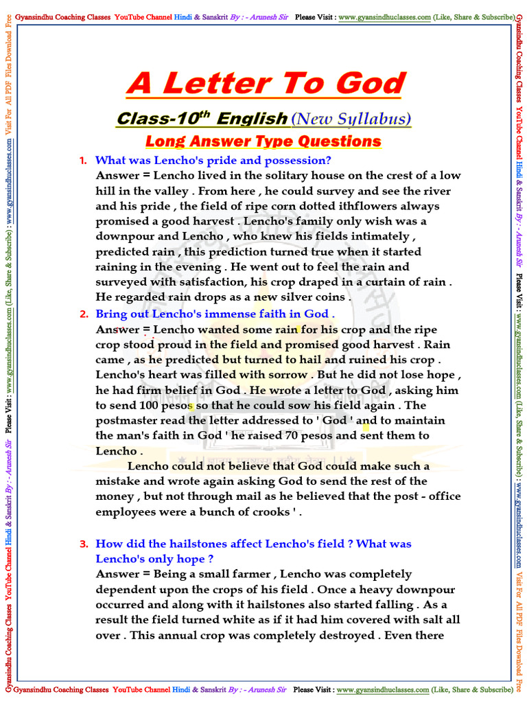 English Chapter 1 A Letter To God Long Anser and Objective Questions ...
