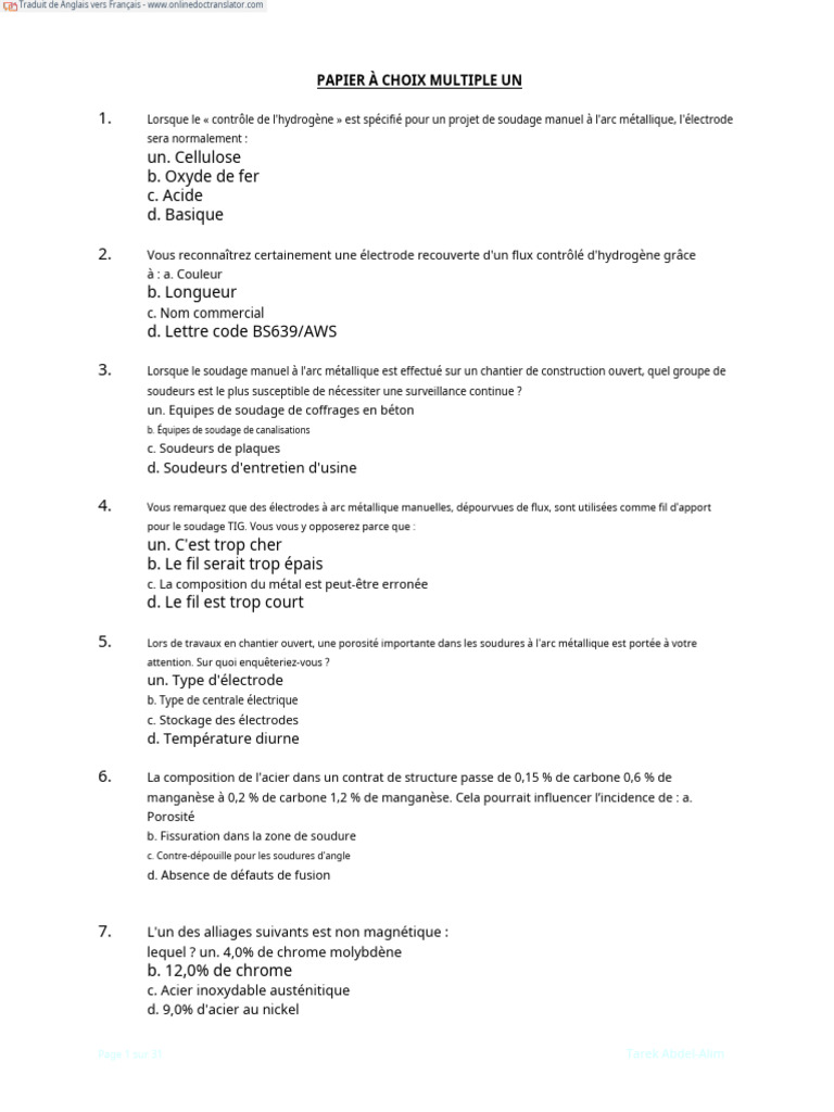 Un. Cellulose B. Oxyde de Fer C. Acide D. Basique | PDF | Construction ...