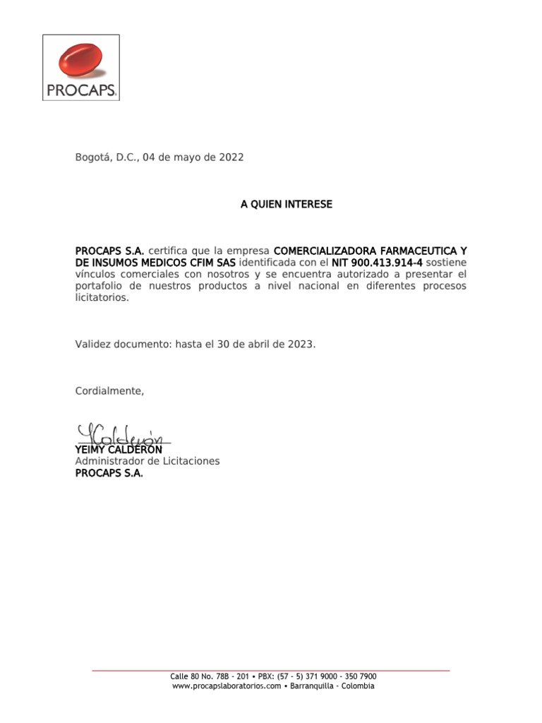 Certificación de CFIM SAS por PROCAPS | PDF
