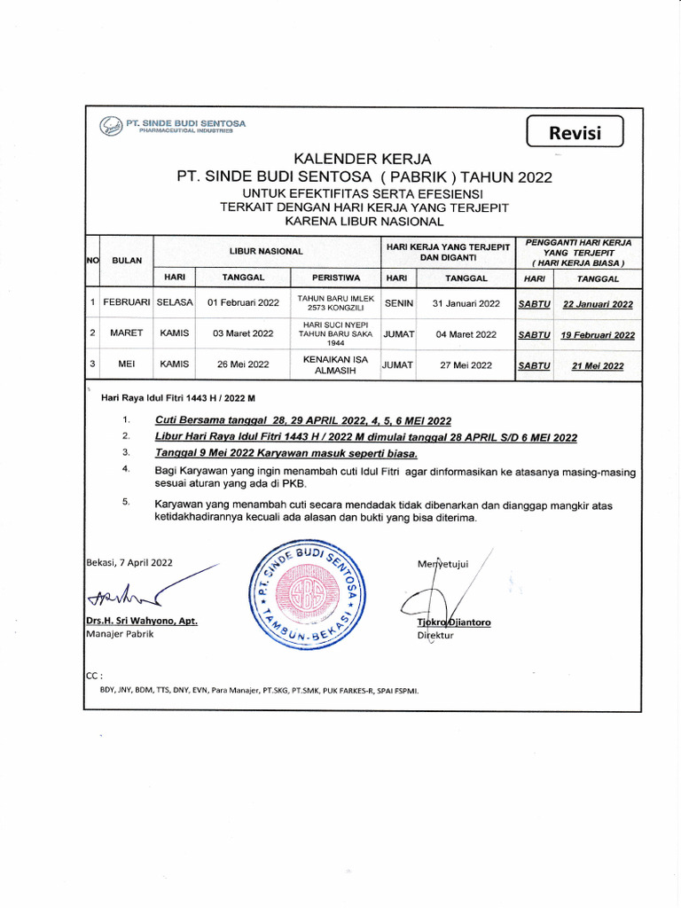 Kalender Kerja PT. Sinde Budi Sentosa 2022 | PDF