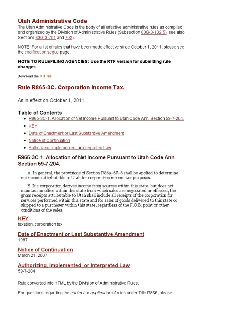 UT Admin Code R865-3C. Corporation Income Tax (Oct. 1, 201) | PDF