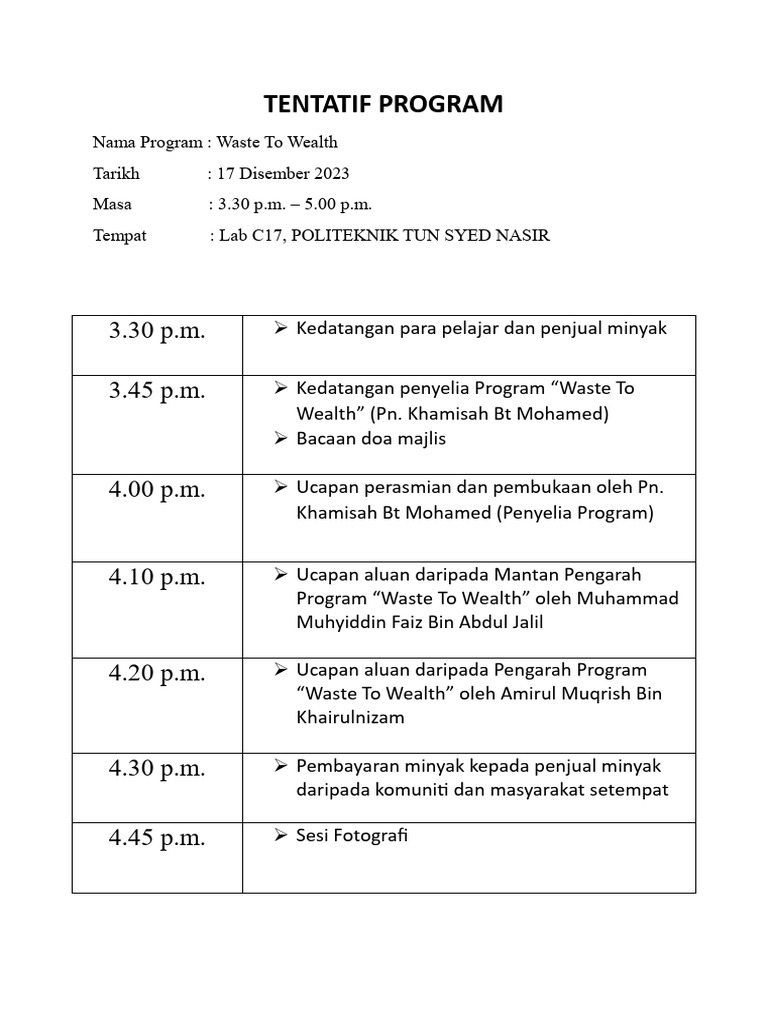 Tentatif Program Waste To Wealth | PDF