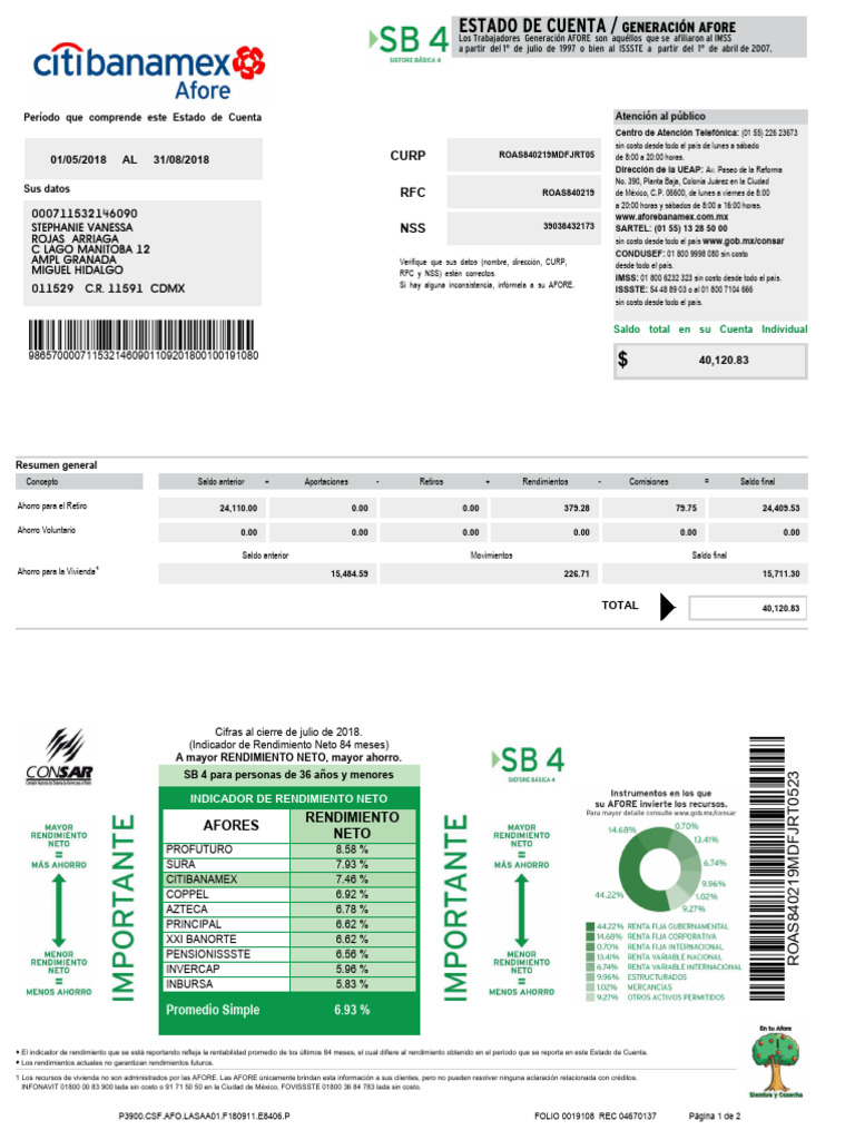 Estado de Cuenta AFORE BANAMEX 2018 PDF Dinero Economias