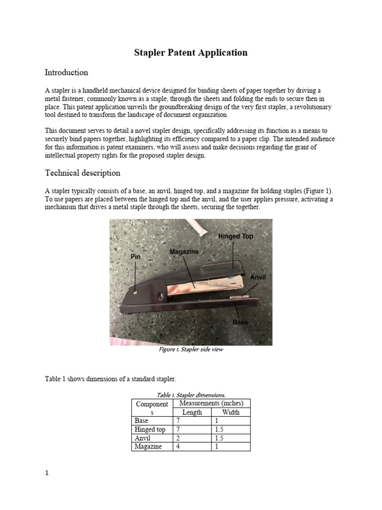 Stapler Patent Application | PDF