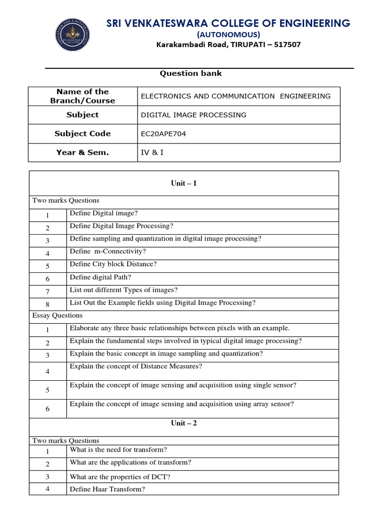 Digital Image Processing Question Bank | PDF | Digital Image | Contrast ...