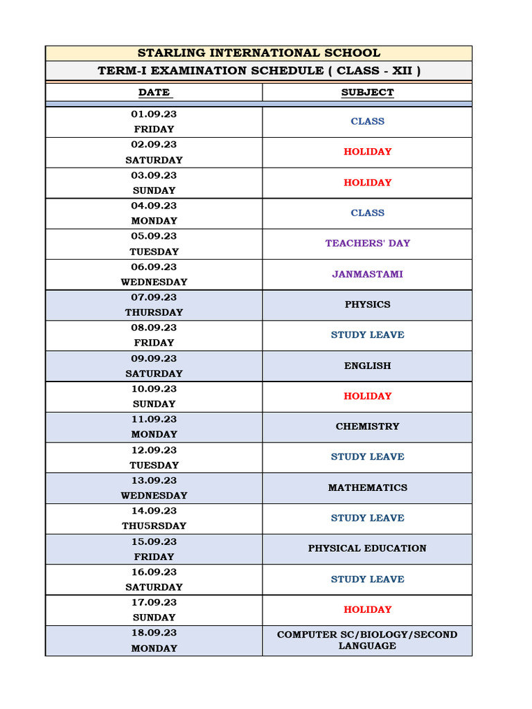 Sis Xii Term-I Routine 2023 | PDF