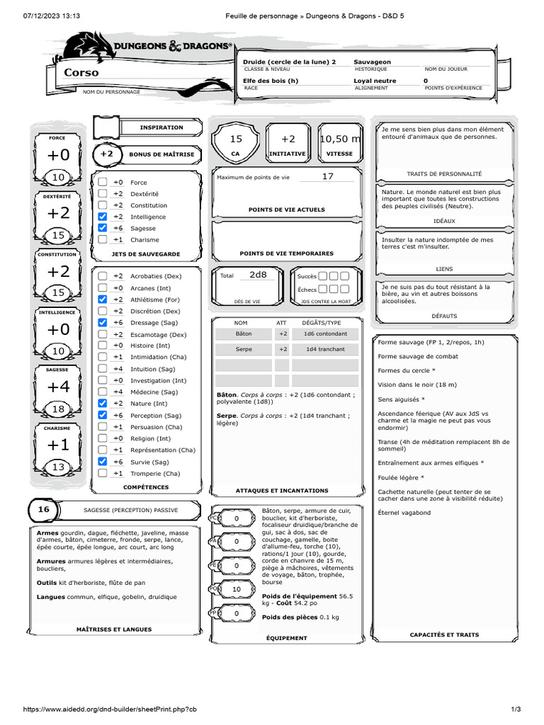 Feuille de personnage dungeons dragons dd 5 pdf