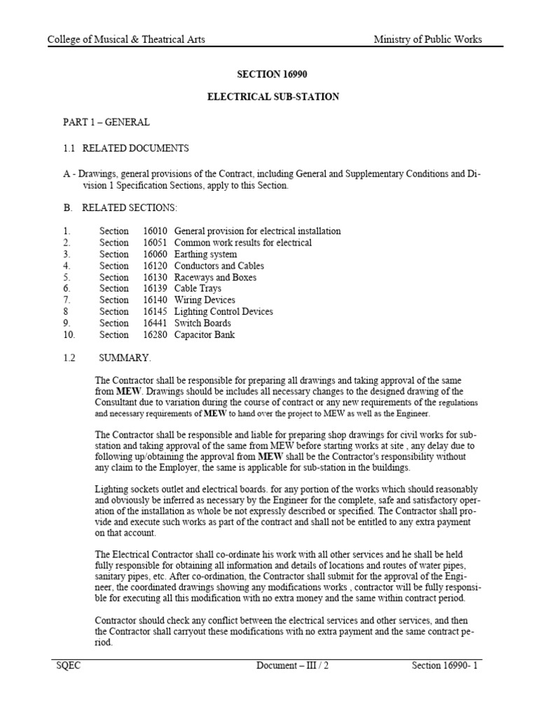 Section 16990 ELECTRICAL SUBSTATION PDF Specification
