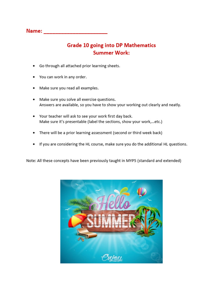 Grade 10 DP Math Summer Work Guide | PDF | Area | Trigonometric Functions