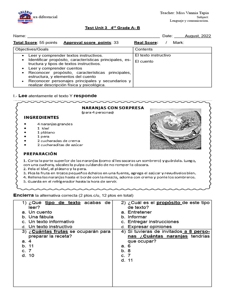Evaluación de Textos Instructivos 4° grado | PDF | Artes del Lenguaje y ...