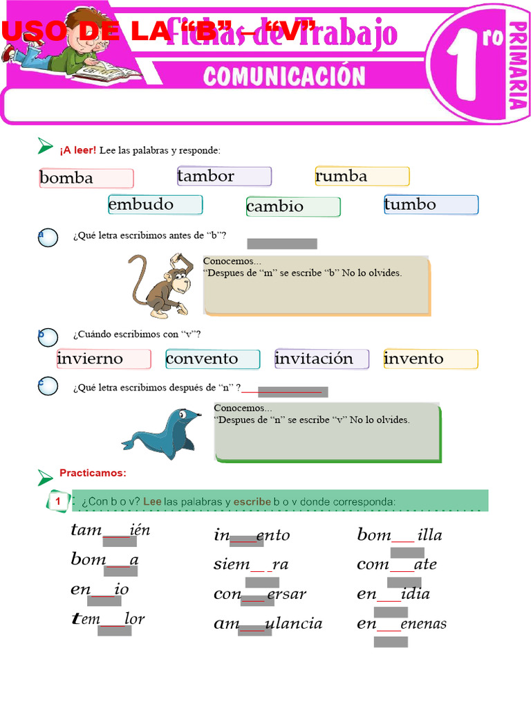 Uso de La "B" - "V" para Primer Grado de Primaria | PDF