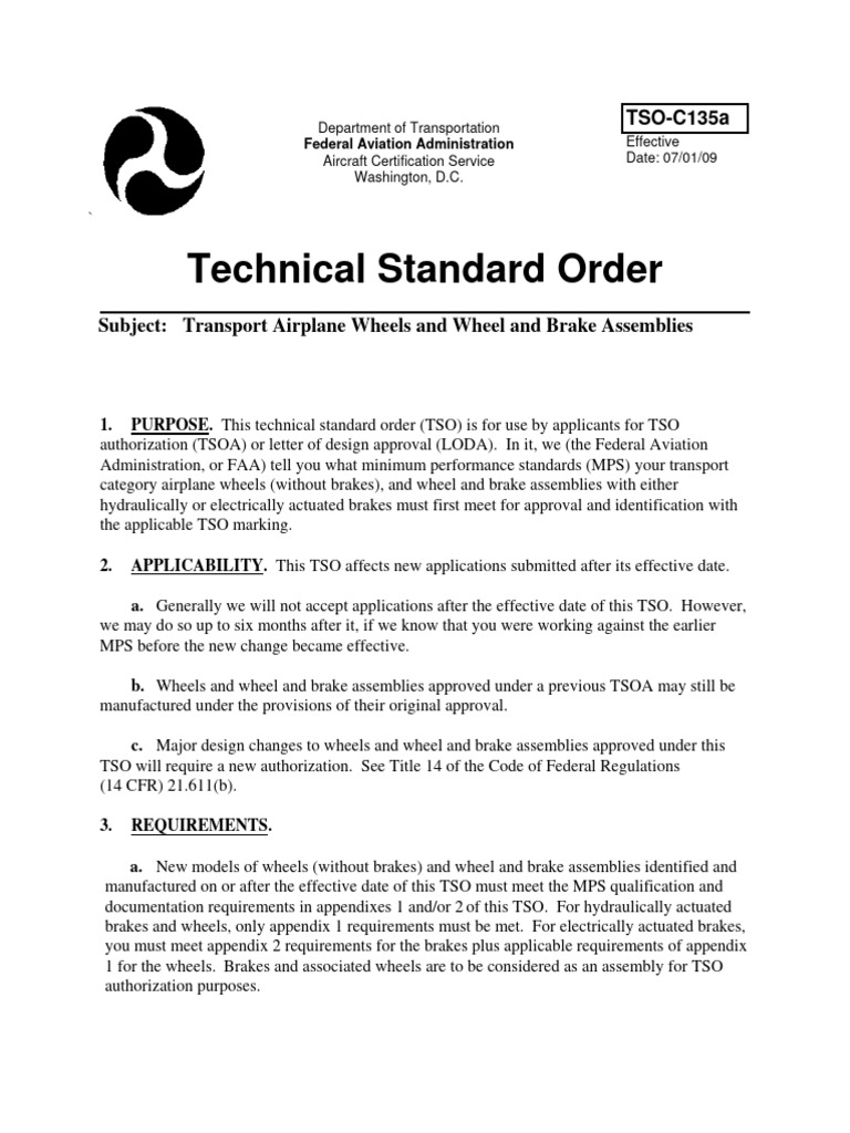TSO-C135a: Wheel & Brake Standards | PDF | Brake | Tire