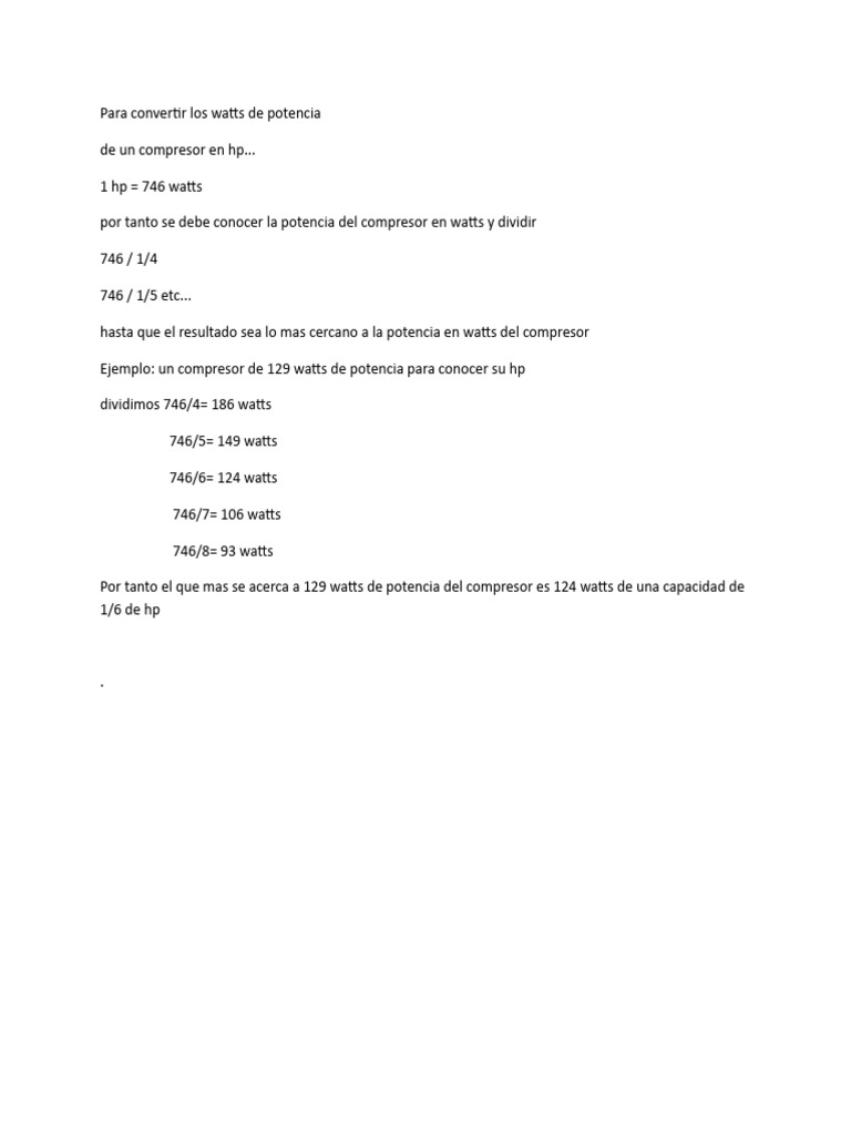 Conversión de Watts a HP en Compresores | PDF