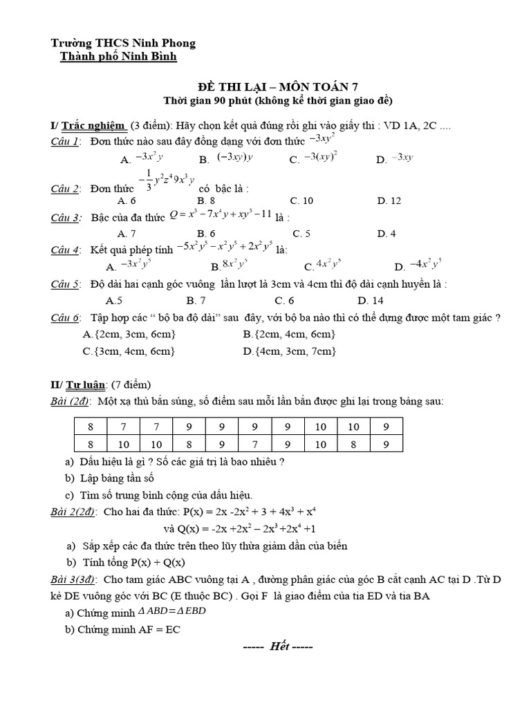 De Thi Lai Toan 7 | PDF