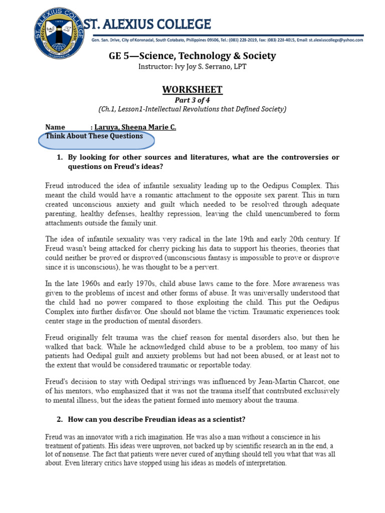 Sheena Marie Laruya 3 Worksheet Sigmund Freud | PDF | Sigmund Freud ...