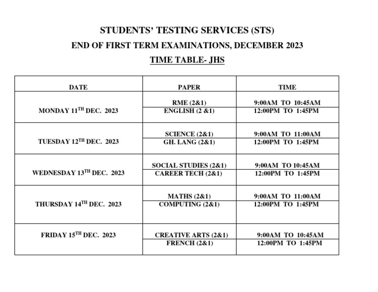 JHS Exam Timetable December 2023 | PDF