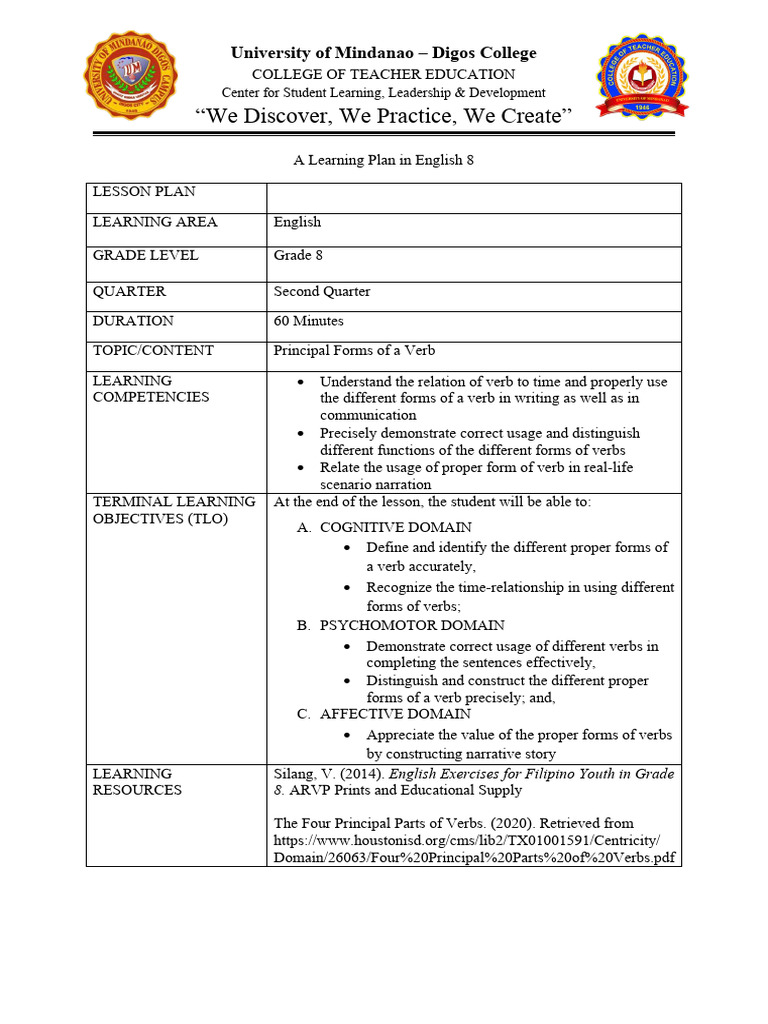 Principal Forms of Verbs for Grade 8 | PDF | Verb | Linguistics
