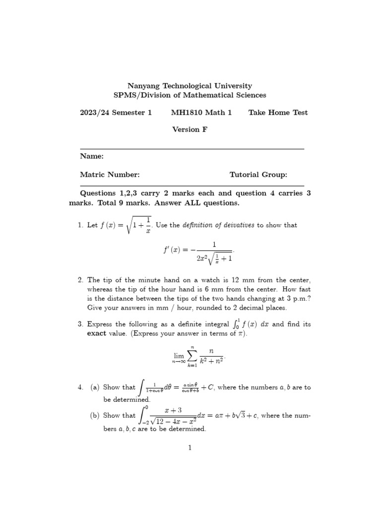MH1810 Math 1 Take Home Test 2023/24 | PDF | Elementary Mathematics ...