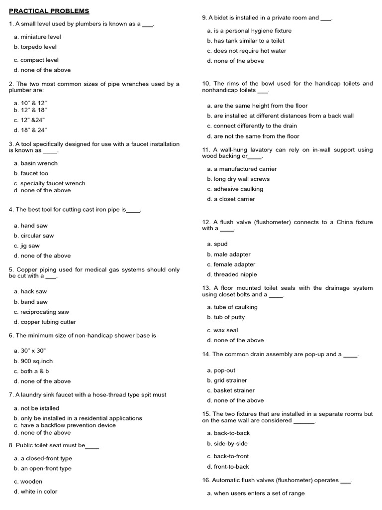 Practical problems questionnaire pdf valve plumbing