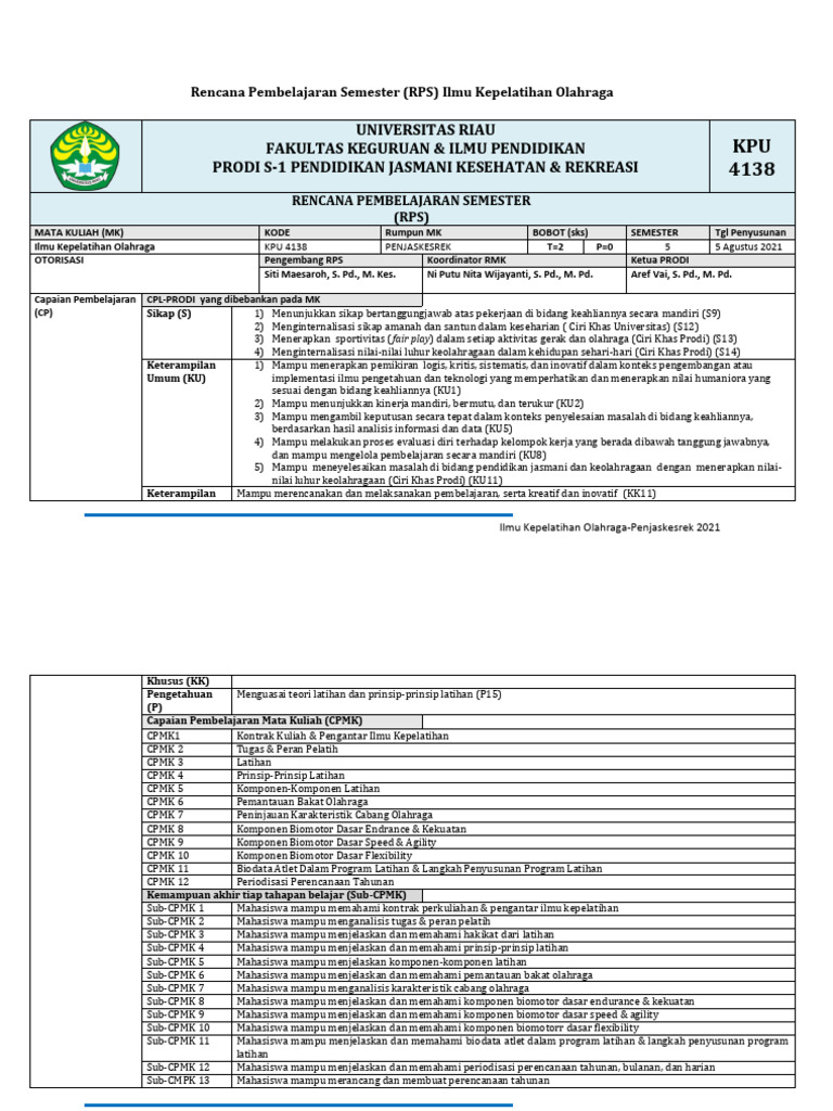 RPS Ilmu Kepelatihan Olahraga Obe 2 | PDF