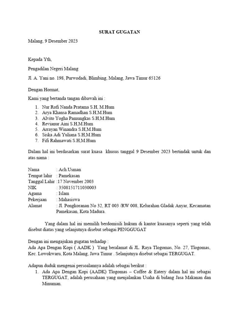 Contoh Surat Gugatan Perdata Lengkap | PDF