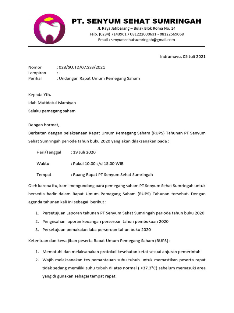 Undangan RUPS Tahunan PT Senyum Sehat | PDF