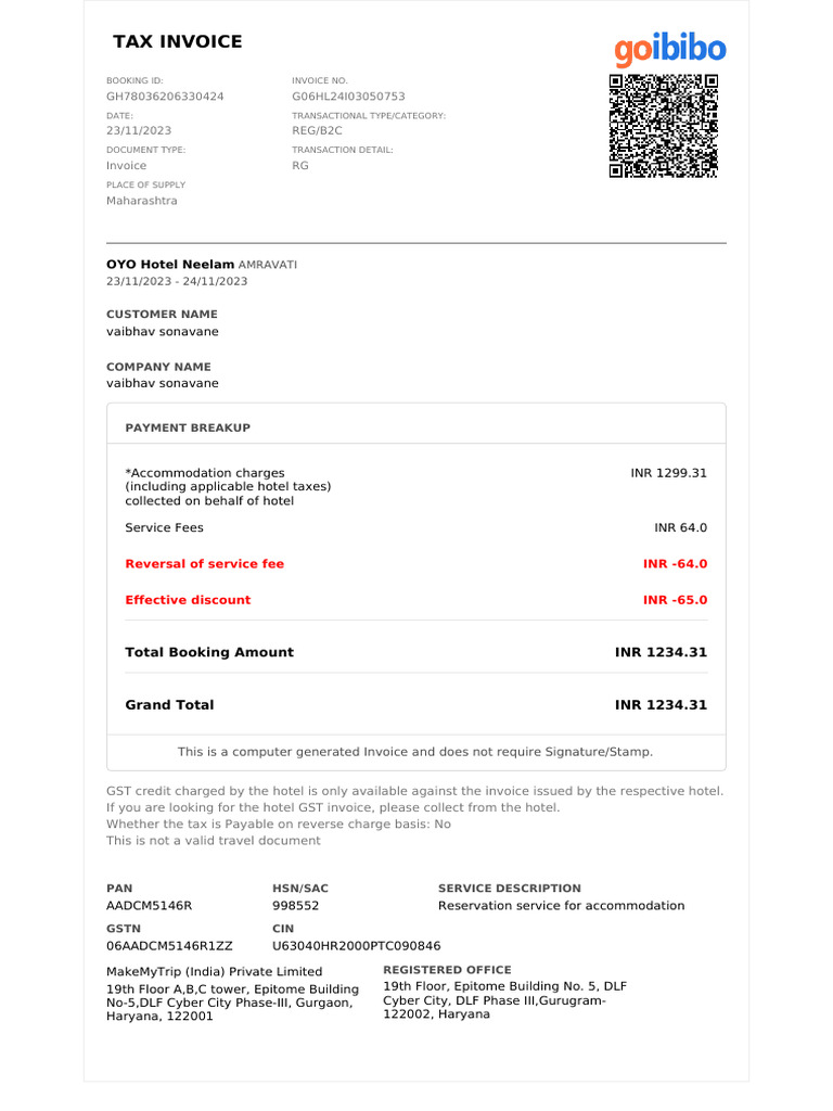 OYO Hotel Invoice for Vaibhav Sonavane | PDF
