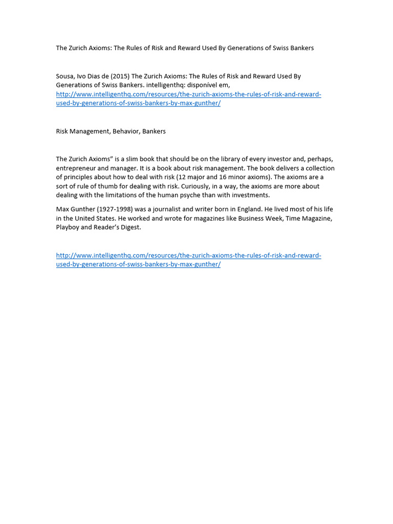 The Zurich Axioms: Risk Management Rules | PDF