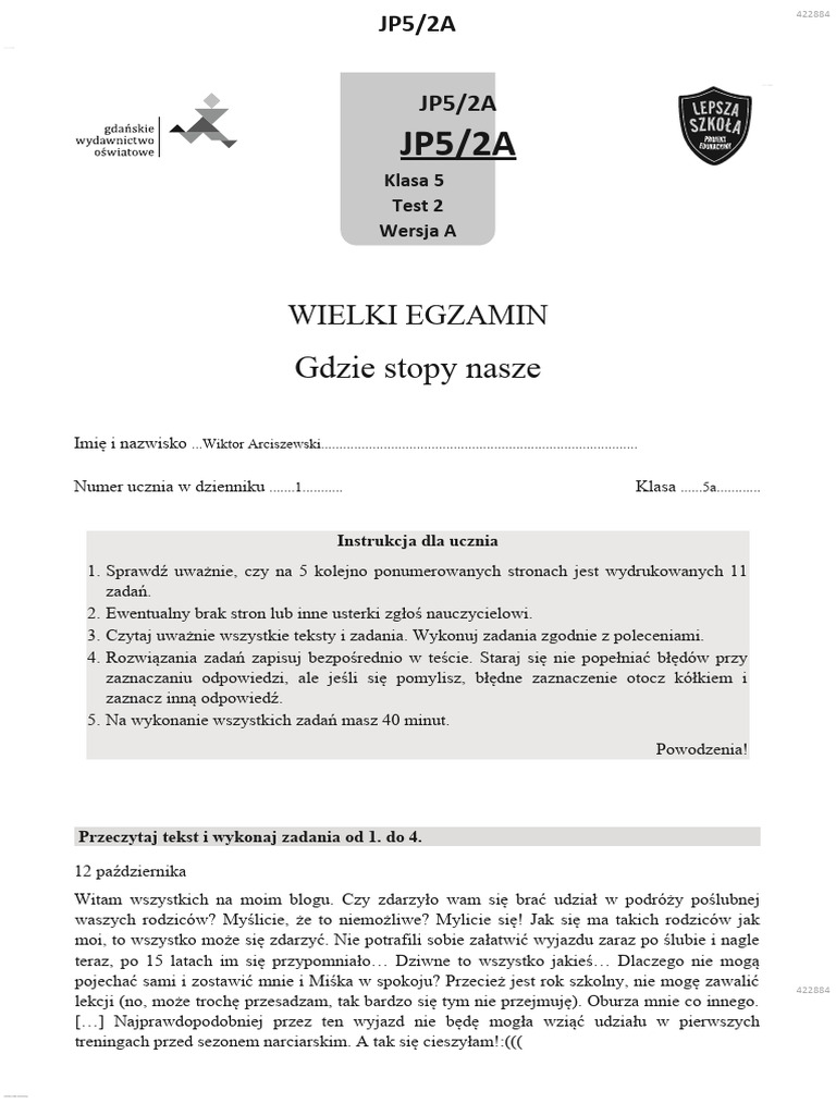 Sprawdzian Z Działu ,, Gdzie Stopy Nasze'' | PDF