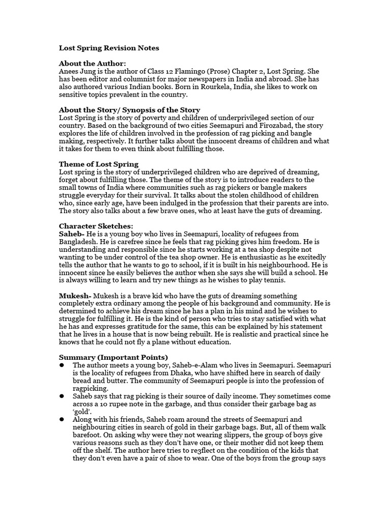 Revision Notes For Cbse Class 11 English Lost Spring PDF