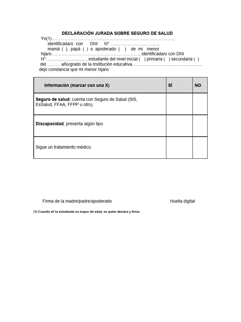 Declaración Jurada de Seguro de Salud | PDF | Relaciones personales ...