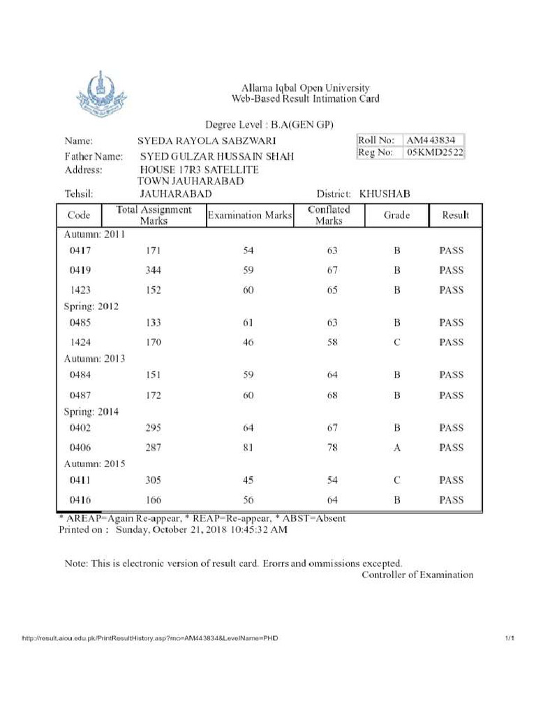Aiou Result Card | PDF