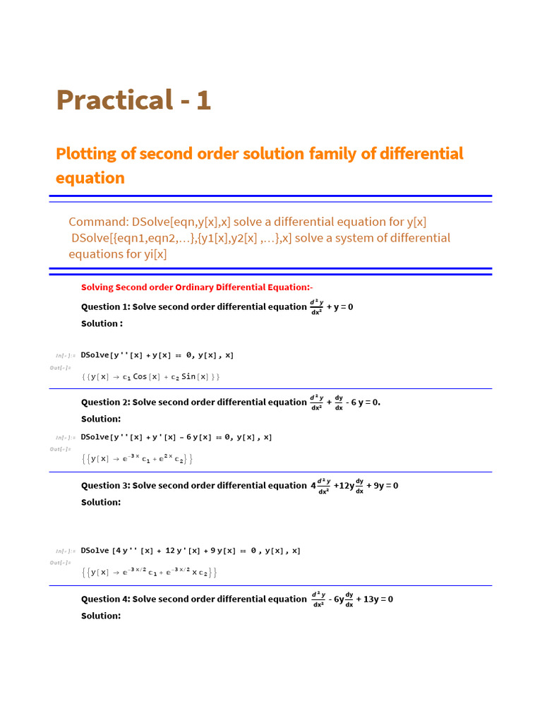 Practical 1 Plotting of Second Order Solution Family of Differential Equation Download Free
