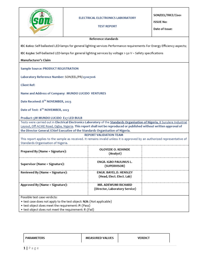 LED Bulb Test Report for MUNDO LUCIDO | PDF | Equipment | Light