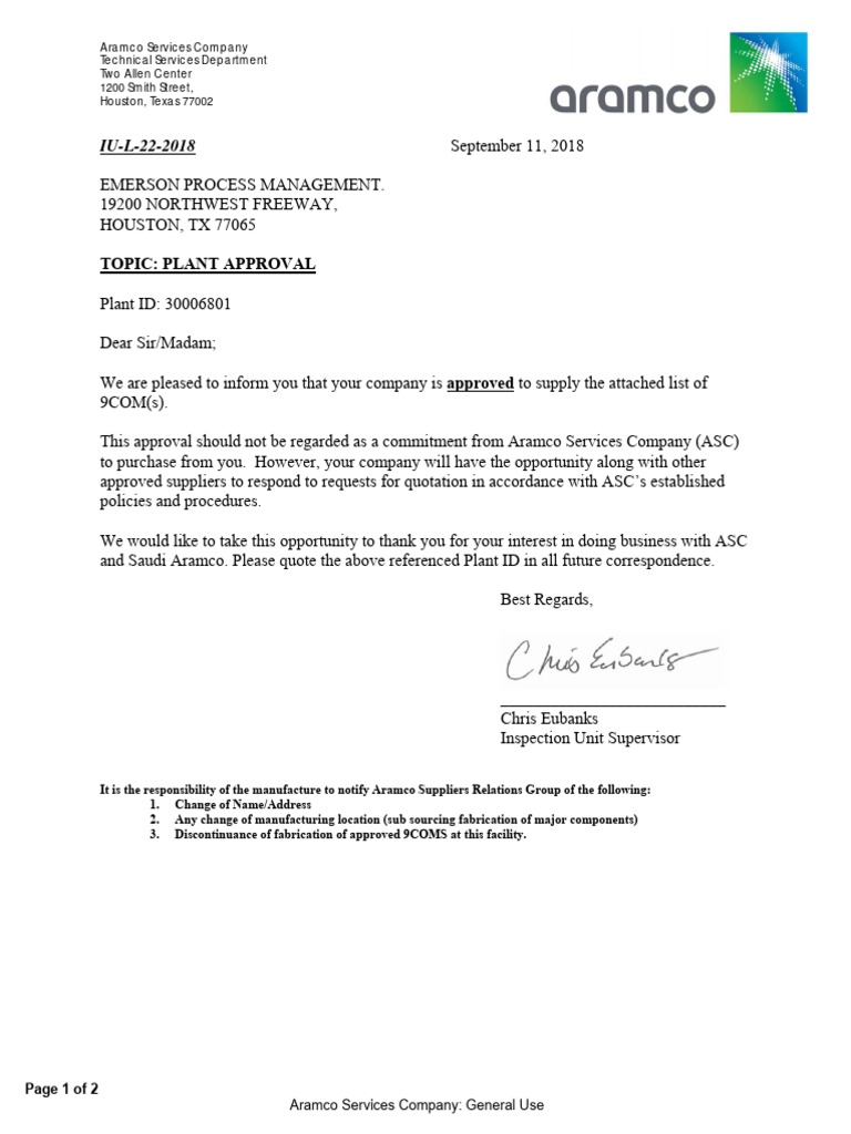 Aramco 9COM Approval Notification | PDF