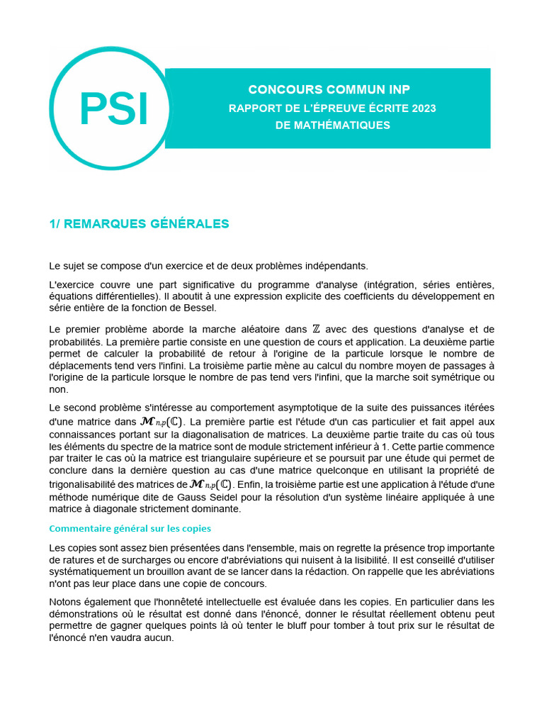 Rapport d'épreuve de mathématiques 2023 | PDF | Matrice (Mathématiques ...