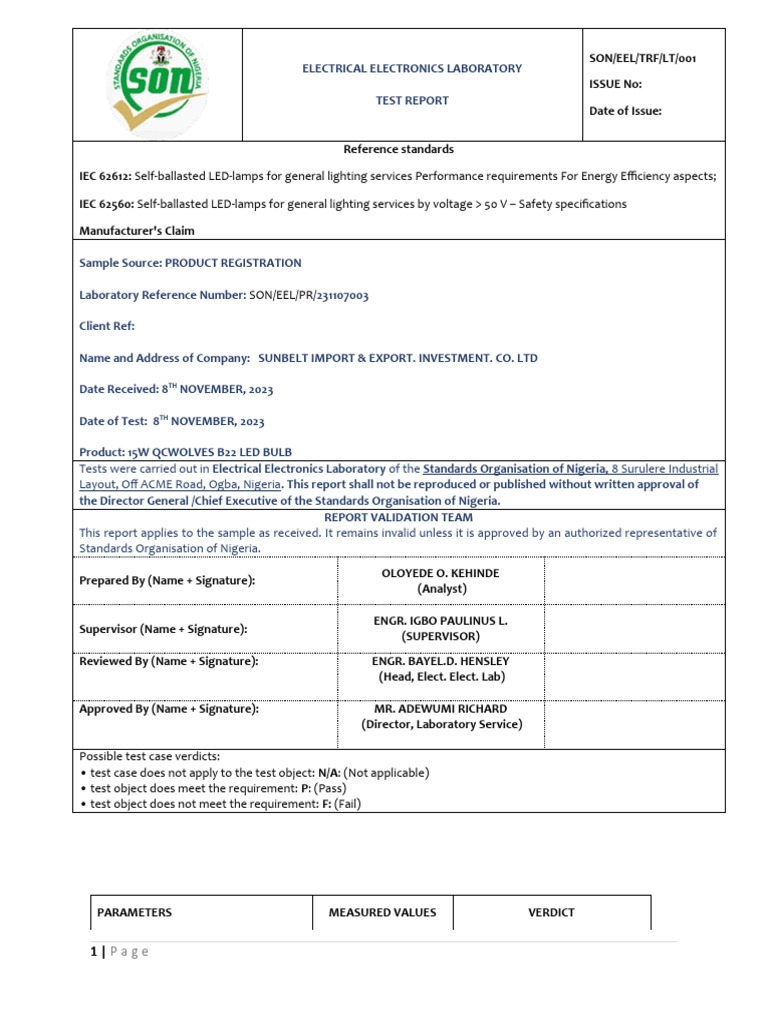 QCWOLVES 15W LED Bulb Test Report | PDF | Light | Electrical Engineering