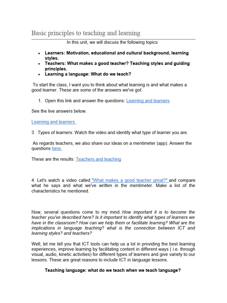 Basic Principles To Teaching and Learning Activity PDF