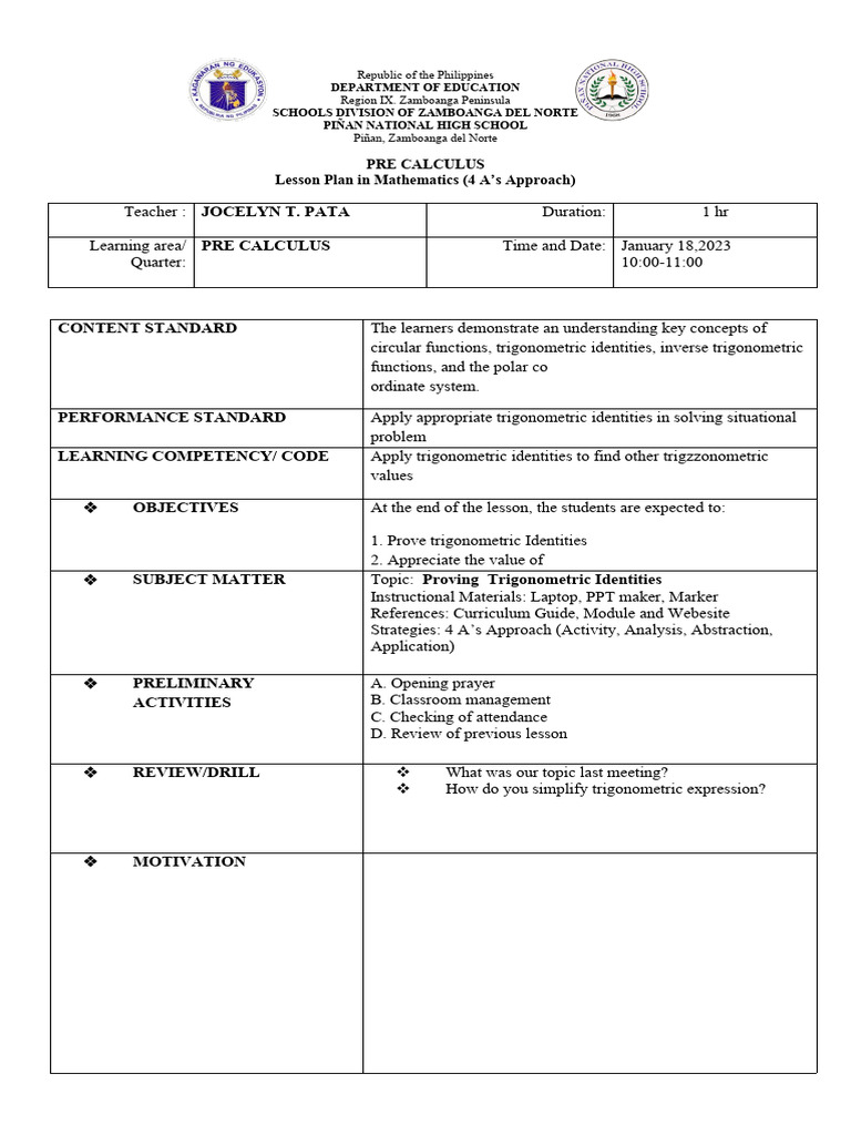 Precalculus Lesson Plan: Trigonometric Identities | PDF | Trigonometric ...