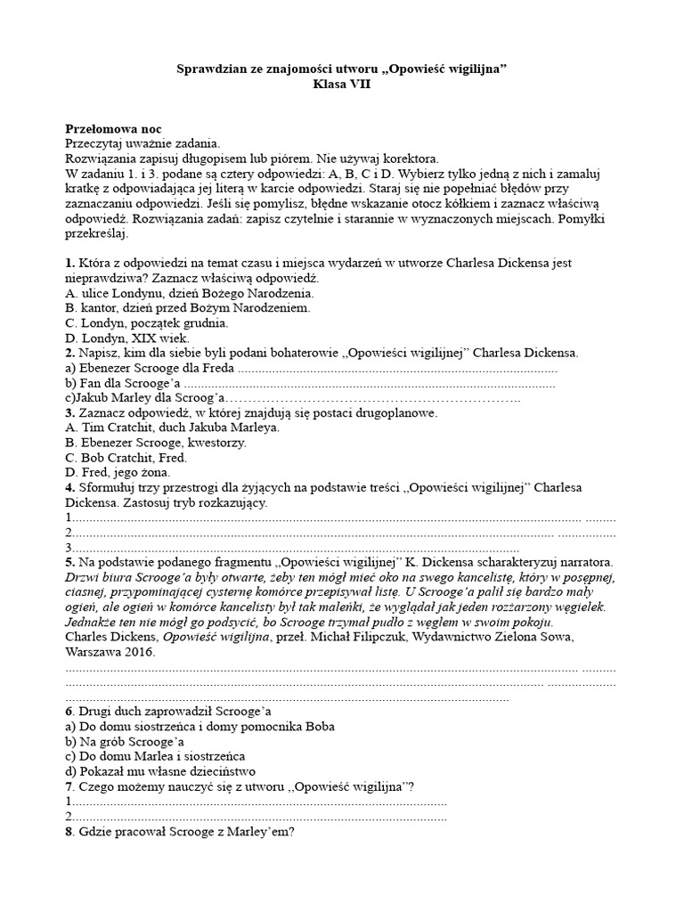 Opowieść Wigilijna Test Z Odpowiedziami