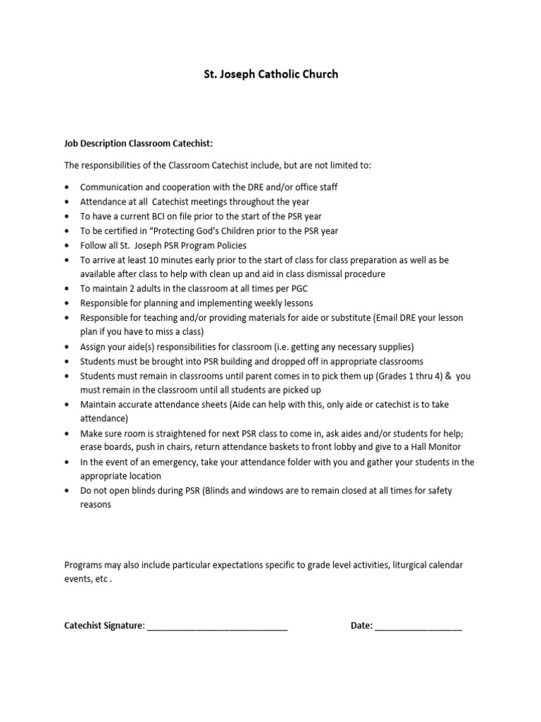 Catechist Job Description PDF