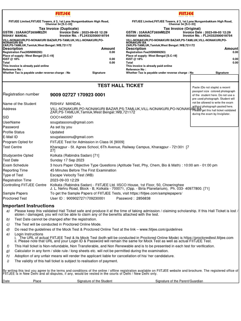Test Hall Ticket 9009 02727 170923 0001: Registration Number | PDF