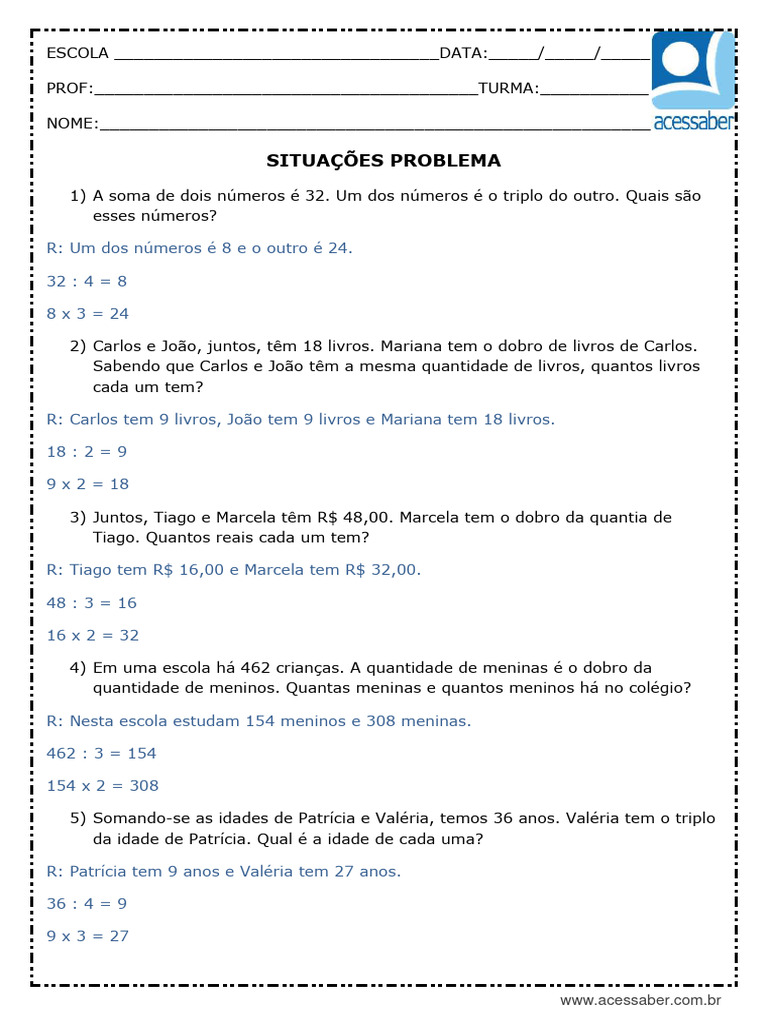 Atividade de Matematica Situacoes Problema 5 Ano e 6 Ano Respostas | PDF