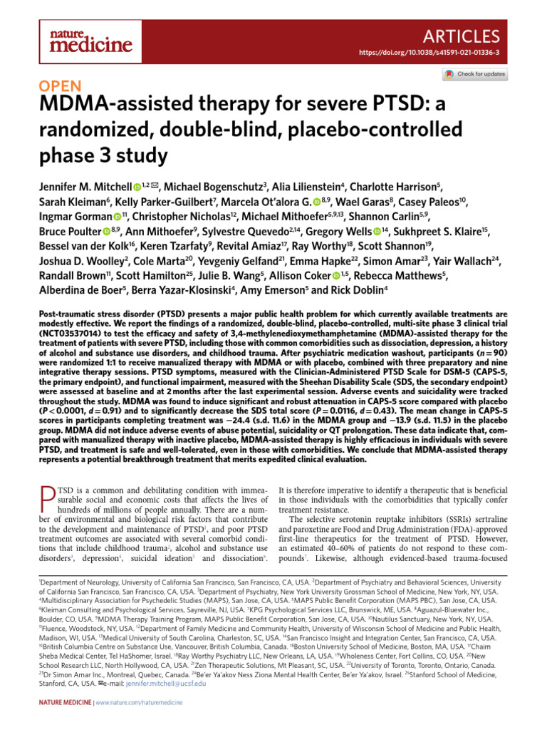 Nature Medicine - MDMA-Assisted Therapy For Severe PTSD Phase 3 Study ...
