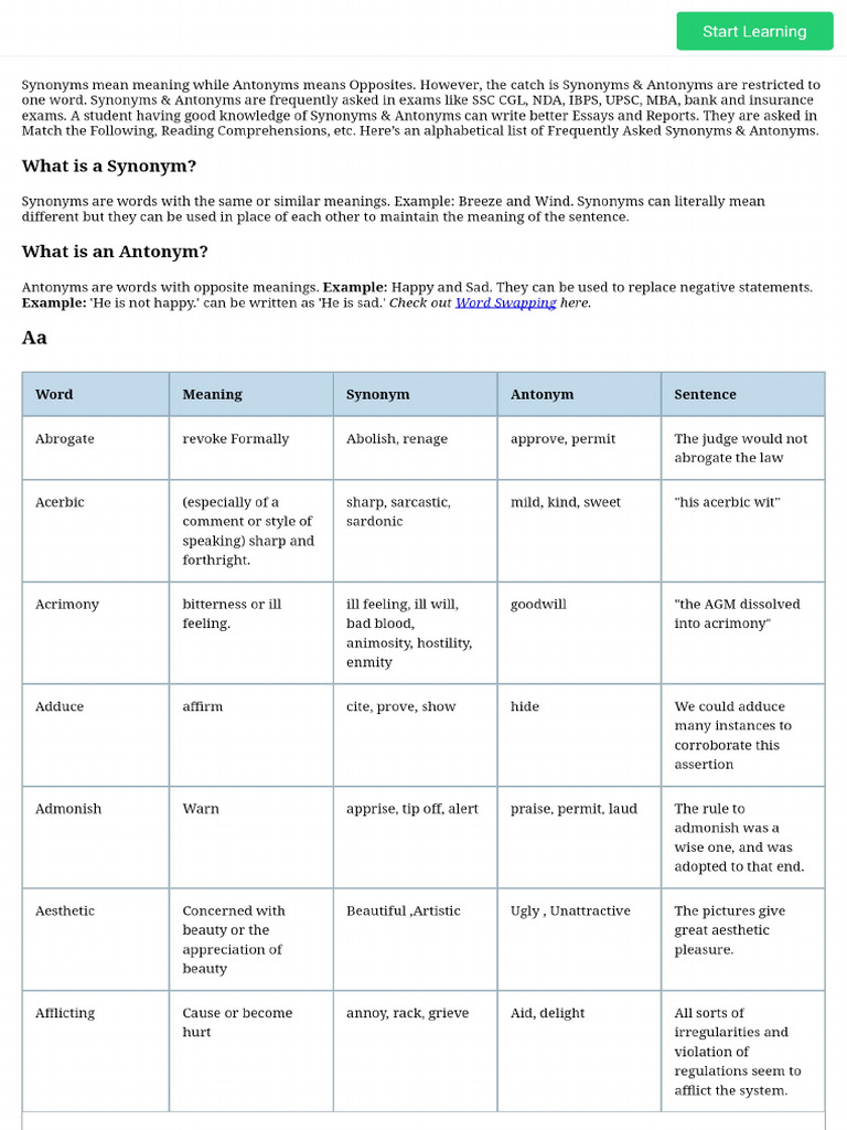 500+ Synonyms and Antonyms PDF List With Words, Meanings | PDF